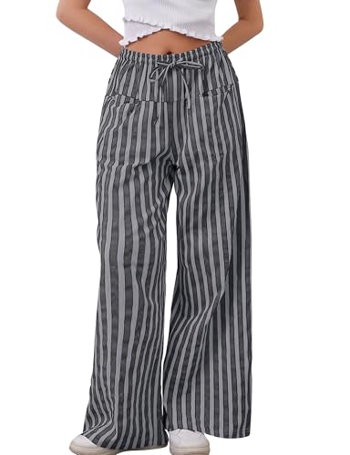 Image of MISSACTIVER Women Drawstring Striped Pants Loose Wide Leg Trousers Casual Low Waist Pants Comfy Lounge Pants with Pockets