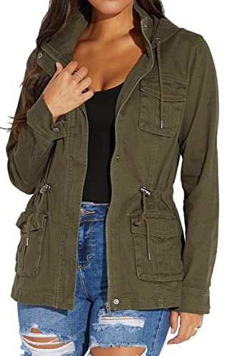VisiChenup Women's Solid Color Hooded Jacket Military Lapel Jackets Casual Long Sleeves Classic Jackets with Zipper Pockets