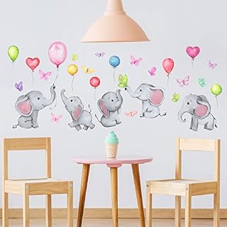 Colorful Balloon Flying Animals Wall Decals, Cute Elephant Butterfly Wall Stickers, LINYAPRY Removable Peel and Stick Cartoon Neutral Vinyl Wall Decor for Kids Nursery Bedroom Living Room