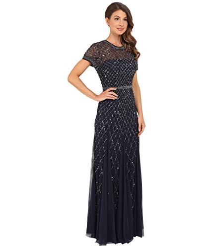 Image of Adrianna Papell Womens Short-Sleeve Grid Beaded Gown