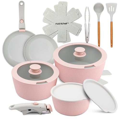 NutriChef Juego de Utensilios de Cocina Cerámica de 18 Piezas con Mangos Desmontables, Ollas y Sartenes Antiadherentes, Revestimiento Cerámico Natural Libre de PTFE, Diseño Ahorrador de Espacio, Rosa