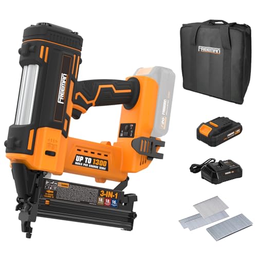 Freeman PE20V31618G 20 Volt Cordless 3-in-1 16 and 18 Gauge Nailer/Stapler Kit with Lithium Ion Battery, Charger, Bag, and Fasteners (600 Count) – 1300 Shots Per Charge