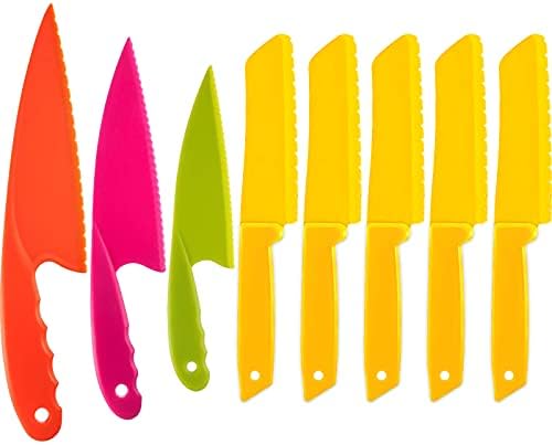 JOVITEC 8 Pieces Kid Plastic Kitchen Knife Set, Children's Safe Cooking Chef Nylon Knives for Fruit, Bread, Cake, Salad, Lettuce Knife (Yellow Square Knife)