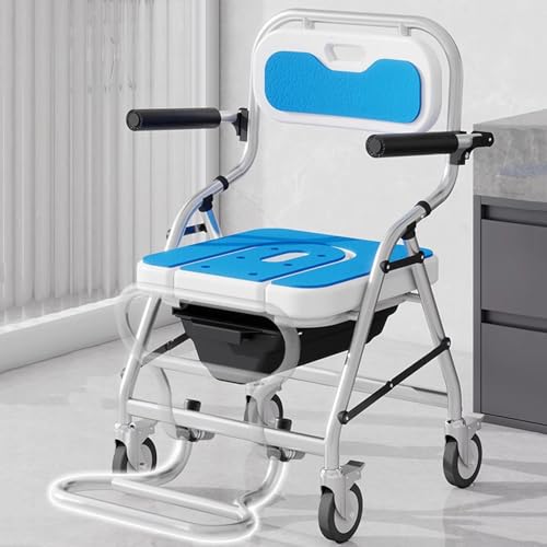 Silla Ducha WC con Ruedas Plegable, 4 en 1 Silla De Ruedas para Ducha e Inodoro Cómoda, Blancos Taburete de Ducha Portátil con Inodoro para Personas Mayores y discapacitadas, Carga Máxima 150 kg