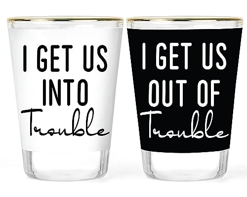 Best Friend Shot Glass Set - Into and Out of Trouble Shot Glasses - Besties Gift - Friendship Gift - 2 pc Shot Glass Set - Girlfriends Gift - BFF Collectible Keepsake Set