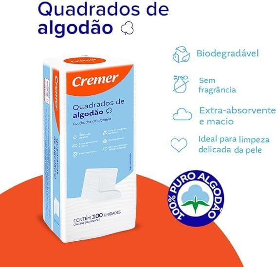 Cremer Algodão Quadrado Sem Perfume Pacote 100 Unidades