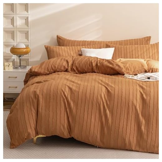 JELLYMONI Rust Duvet Cover King Size - 3PCS Microfiber Tufted Duvet Cover Set, Boho Striped Tufted Textured Duvet Cover with Corner Ties & Zipper Closure