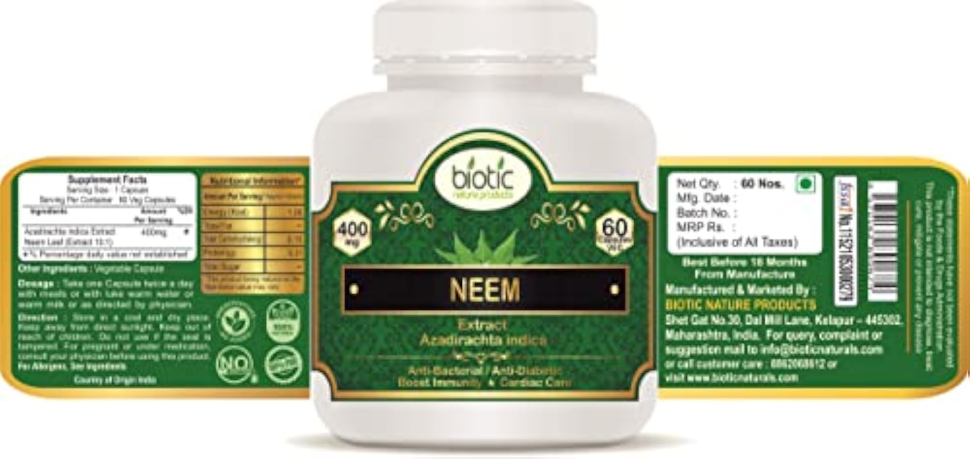 Neem Extract Capsules, 400mg - 60 Veg Capsules
