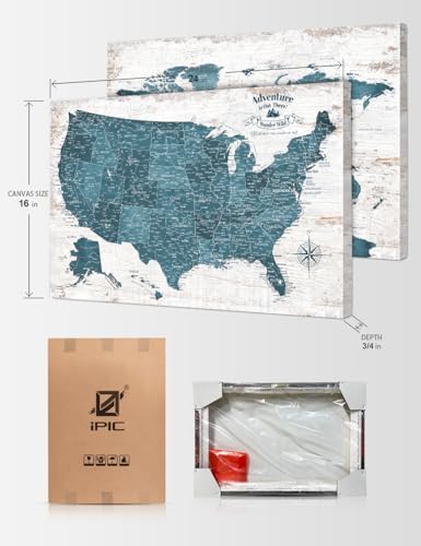 Image of IPIC - Vintage Teal World & USA Map Canvas Wall Art Set of 2, Push Pin Travel Maps to Track Your Travels, Rustic Style Canvas Wall Decor for Home, Office or RV, Ready to Hang