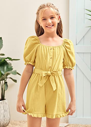 Dobulo Girl's Casual Puff Short Sleeve Summer Romper Button Elastic Waist Ruffle Short Jumpsuits #TOP1