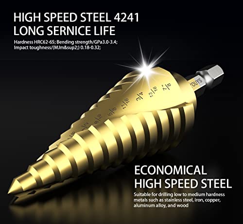 Hss Titanium Step Drill Bits 3 Pieces, Hss Cobalt Porous Over 30 Sizes Titanium Step Drill Bit Set, T-4241 High Speed Metal Steel Drill Dual Cut Blade Porous Step Drill Bits Perfect For Diy Hobbyists #TOP2