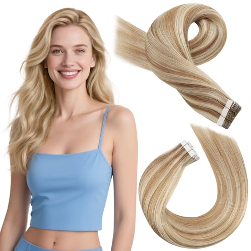 14 Inch Tape in Human Hair Extensions Real Hair Tape in Extensions Medium Brown with Platinum Blonde Hair Extensions Tape in 20 Pieces/50g #P6/60