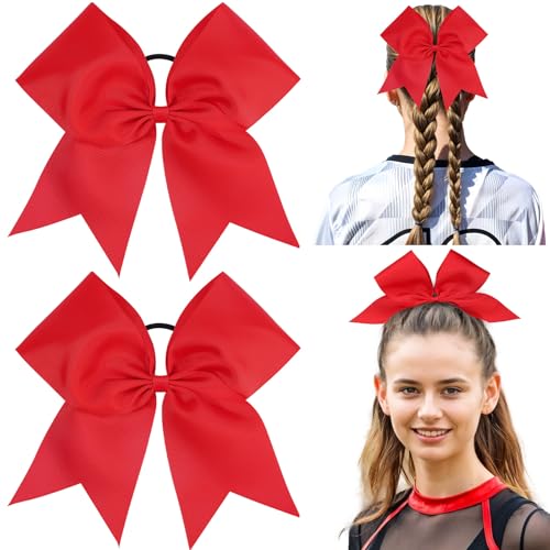 CN 2pcs Cheer Bows for Cheerleaders Red Cheerleading Hair Bows for Girls Women with Elastic Ponytail Holders for Softball Competition Sports Hair Accessories
