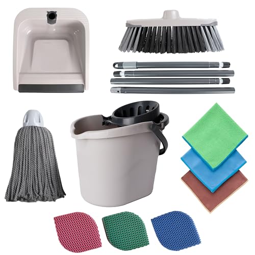 MAYA Set de Limpieza Completo Atomic. Limpieza Eficiente en Tu Hogar. Escoba Multiusos, Fregona, Recogedor Plegable, Cubo de 14L. Incluye Estropajos EVO Vajillas y Baños + 3 Bayetas Pack Hogar