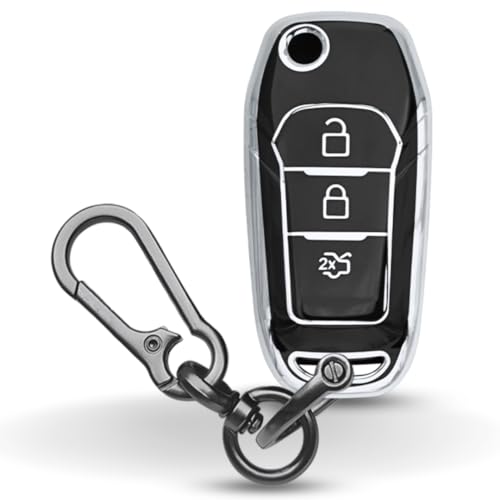 Image of KEYCEPT Silver Line TPU Key Cover Compatible with Ford Figo, Aspire, Endeavour Flip Key 3 Button with Keychain. (Type 1, Black)