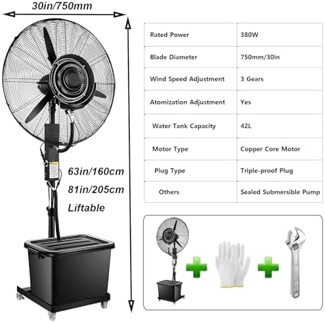 Heavy Duty 26in Misting Pedestal Fan with 3 Speed, 43L Water Tank, High Velocity Outdoor Oscillating Fan for Commercial Use, Adjustable Height & Powerful Cooling 320W