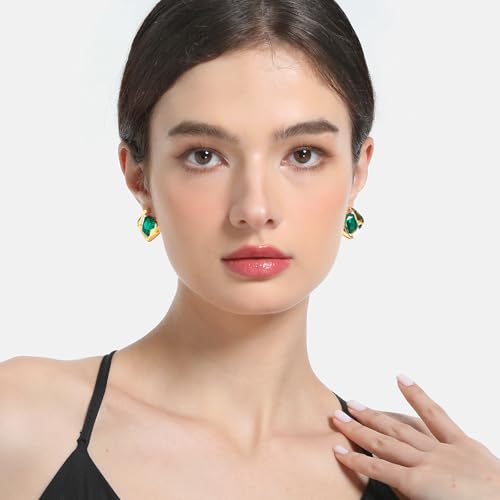 Emerald Earrings for Women, Formal Green Gemstone Large Studs, May Birthstone, Gift for Mom Wife Her by Febsky4