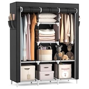 VTRIN Portable Closet, Large Capacity Portable Wardrobe with 2 Hanging Rods and 8 Storage Shelves, Sturdy Free Standing Closet Wardrobe for Hanging Clothes with Side Pockets, Black
