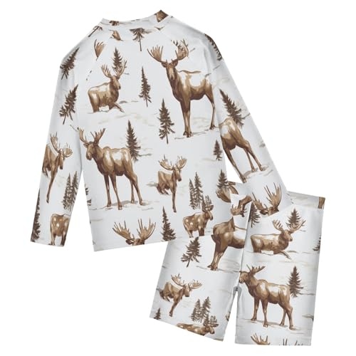 Xmas Tree Moose Boys Swimsuit Rash Guard Toddler Kids Long Sleeve Swim Shirt and Trunks Swimwear Set 3-10Y2