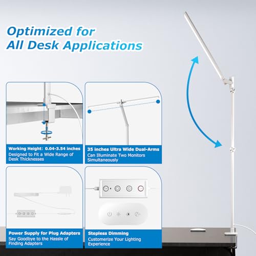 Image of Airlonv LED Desk Lamp, Double Swing Arm Wide Lighting Area Desk Lamps for Home Office with Stepless Dimming, Eye-Caring Architect Desk Light with Clamp for Reading, Study, Workbench, Drafting(White)
