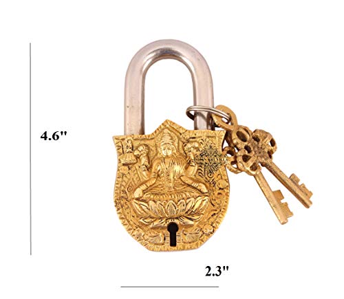 Image of Indian Art Villa Handmade Old Vintage Style Antique Godess Laxmi Ji Design Brass Security Lock with 2 Keys Om Design on Back, Home Temple Office