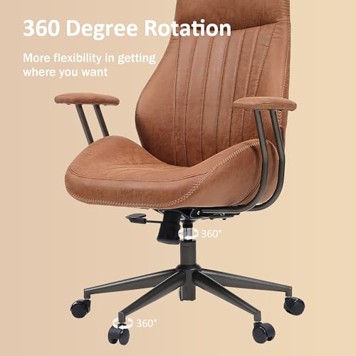 Image of High Back Home Office Chair, Mid Century Vintage Executive Chair,Comfy Ergonomic Rolling Office Task Chair with Lumbar Support,Brown Faux Leather Office Chair,Brown