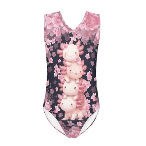 Bulopur Axolotl Print Swimsuits One-Piece for Girls Cozy Monokini Pink Breathable Rash Guard Bathing Suits for Swimming Party,Surfing Dancing Gym Age 3-4