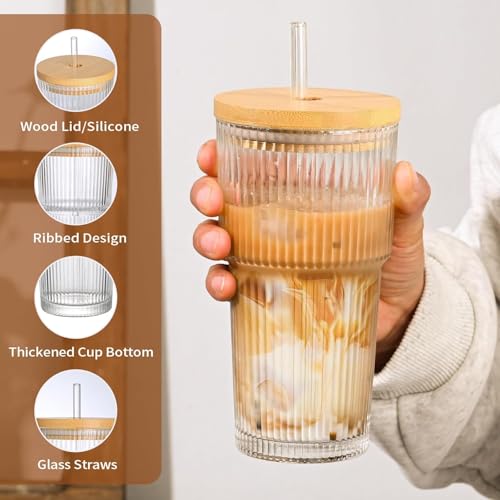 Image of FUNKYFINDS Glass Cups with Lids and Straws, 600 Ml Ribbed Glass Tumbler for Iced Coffee, Smoothie, Juice & Cold Drinks, Reusable Thick Glassware Set, Elegant Home & Travel Drinkware【1 Pack】