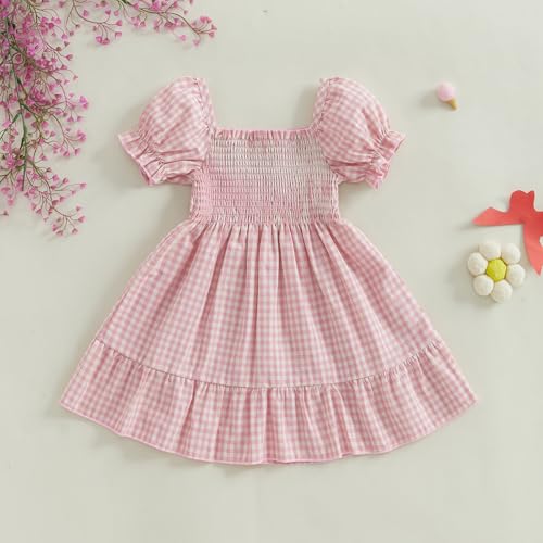 Toddler Girl Dress Plaid Baby Dress Short Sleeve Pincess Sundress Girls Summer Clothes (Pink, 2-3 Years)