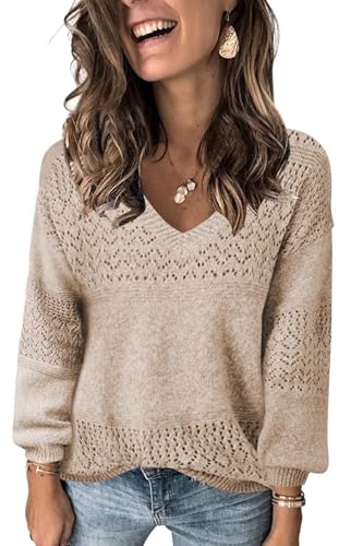FEKOAFE Womens Sweaters 2025 Fall V Neck Long Sleeve Hollow Knit Pullover Sweaters for Women