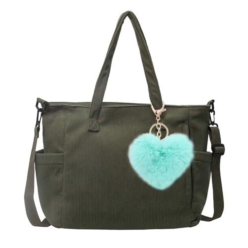 dogmoon Sac en velours côtelé pour femme - Grand sac de shopping - Sac à main - Sac à bandoulière pour l'école, le travail, le bureau, les voyages, le shopping, la vie quotidienne, vert, 39 x 14 x 28