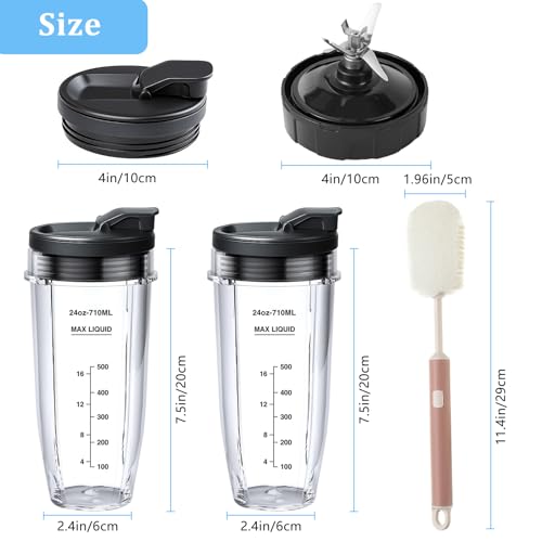 6 Pack Ninja Blender Cups Replacement and Blade, 24oz Ninja Cups for Blender and 7Fins Blade Replacement with Cleaning Brush, Compatible Nutri Ninja Auto iQ BN801 BL480 BL640 BL642 NN100 BL2012 by Domigard - Image 2