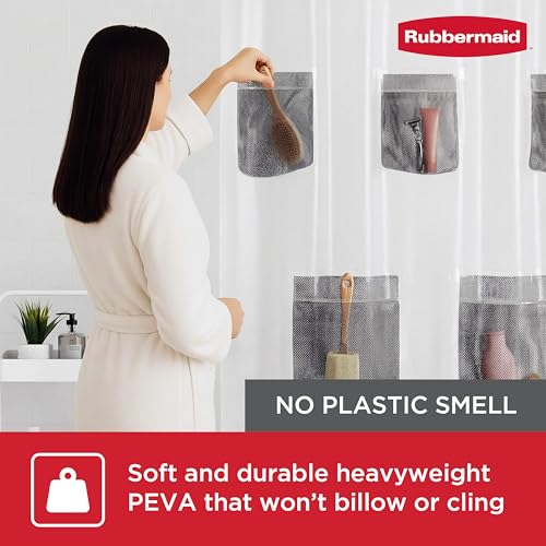 Image of Rubbermaid Frosty Waterproof Shower Curtain Liner with 5 Storage Pockets, Heavyweight 8g PEVA Shower Liner for Bathroom, with Black Rustproof Grommets and Pockets, 70x72, Standard Size, Frosty