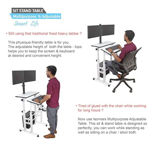 Image of Isomars Computer /Laptop Table with Dual Monitor Mount, Adjustable Height & Angles, Sit Stand Table, Computer Desktop Workstation Useful for Gadgets Like Desktop, Laptop, etc. (White).