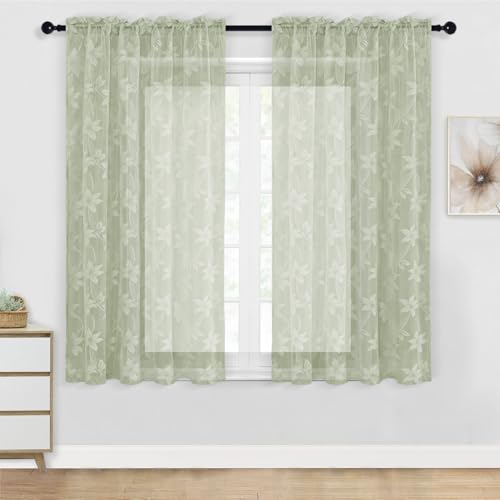 DWCN Floral Lace Sheer Curtains - 63 inches Short Rod Pocket Window Voile Sheer Drapes for Bedroom Kitchen Small Sindow Short Curtains 52 x 63 inch Length, Set of 2 Curtain Panels, Sage Green