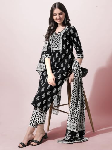Image of MIRCHI FASHION Women's Straight Fit Pure Cotton Embellished Floral Printed Kurta Set with Dupatta and Trouser