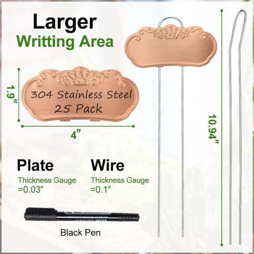 Metal Plant Labels,Tall Outdoor Garden Markers for Flower, Fruit and Vegetable, 304 Stainless Steel Weatherproof Signs (25 Packs, 4" x 1.9", Gold)