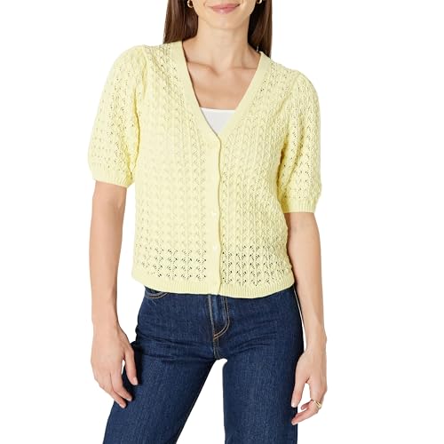Amazon Essentials Womens Relaxed-Fit Crochet Short-Sleeve Cardigan Pastel Yellow Large