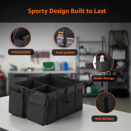 Image of Amazon Basics Car Boot Organizer with 3 Large Compartments & 8 Mesh Pockets | Foldable 600D Oxford Storage Box with Lid & Securing Straps (Black, 58x43x27 cm)