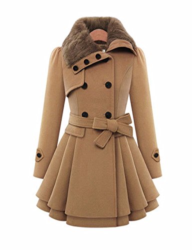 Sexyshine Women's Winter Fashion Faux Fur Lapel Double-Breasted Thick Slim Wool Fleece Blend Trench Coat Jacket(AP,L) Camel