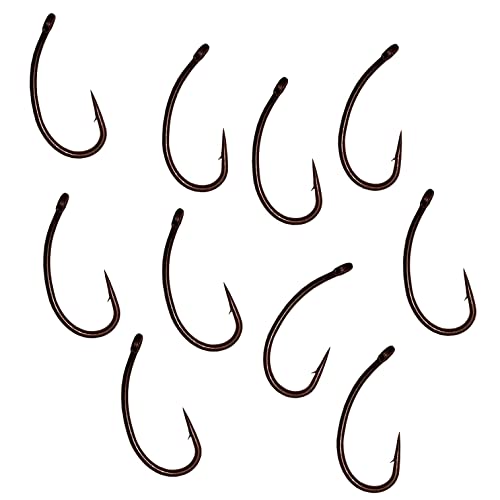 Image of Carp On - Packs of 10 CURVED SHANK Fishing Hooks Eyed - Barbless or Micro Barbed Size 6 or 8 Camo Green Or Brown - Made From Teflon Coated Carbon Steel (Micro Barbed - Camo Brown, Pack of 10 - Size 6)