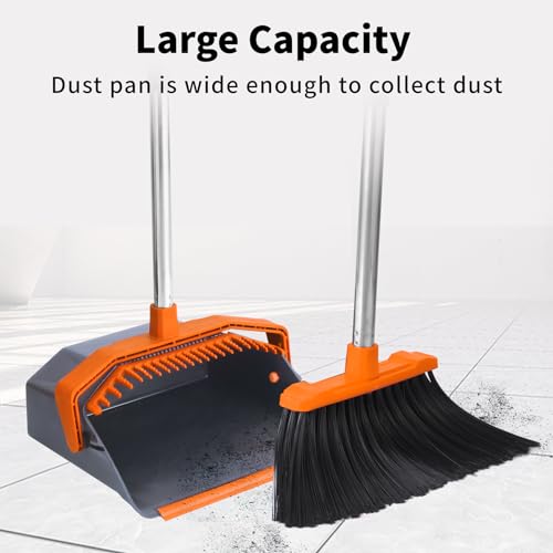 Image of Tiumso Broom and Dustpan Set with 51'' Long Handle, Upright Broom and Dustpan Combo for Home Kitchen Office Restaurant Garage Lobby Dog Cat Pets Hair - Grey and Orange