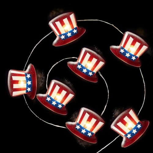 BlcTec 4th of July Decorations, Red White and Blue String Lights with 20 LED Big Hats Patriotic Lights, Waterproof Design for Indoor Outdoor July 4th Décor