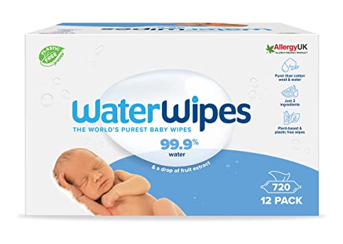 WaterWipes - Toallitas húmedas Originales sin plástico para bebés , formuladas con un 99,9 % de agua y sin perfume, ideales para pieles sensibles, 60 Unidades ( Paquete de 12), Total: 720 unidades