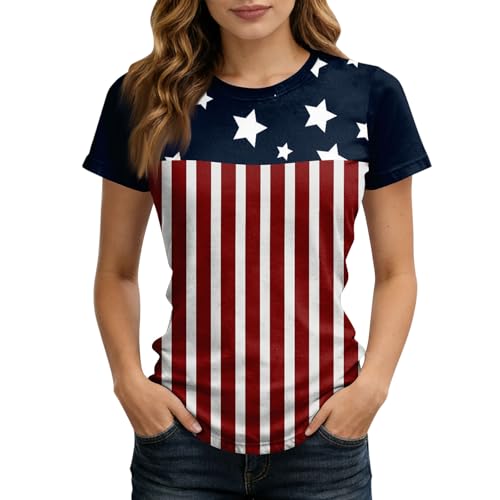 Women Star and Stripe Printed 2026 Summer Blouses Casual Slim Fit Round Neck Tops Lightweight Short Sleeve Shirts