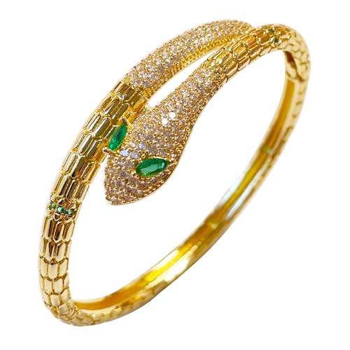18K Gold Plated Snake Bracelet with Sparkly Cubic Zirconia Green-eyed Snake Bracelets Open Cuff Bangle Bracelets for Women