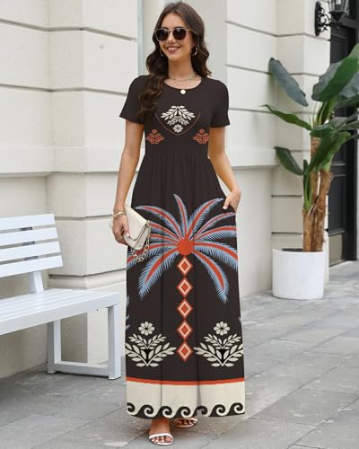 Image of COSSEN Women's Crew Neck Short Sleeve Maxi Dress with Pockets Casual Loose Swing for Wedding Guest Beach Vacation