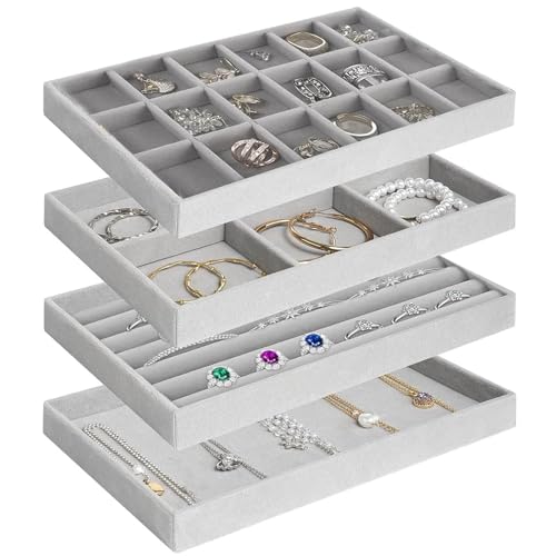 ALANX 4 Pcs Stackable Jewelry Organizer Tray Jewelry Organizer Drawer Insert Display Case Storage Containers Earring Necklace Watch Bracelet Accessary Ring Trays with Removable Dividers (4 Grey)