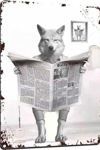 TopPacific Metal Tin Sign Vintage Wolf Toilet Reading Newspaper Humour Funny Animal Whimsy Animal for Home, Bathroom and Toilet Wall Decor 12x16 Inch(819B)