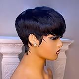 Evasens Short Bob Wig Human Hair for Black Women Pixie Cut wig Human Hair Glueless Wig None Lace Front Wig with Bangs Natural Black Straight Full Machine Made Wear and Go Wig